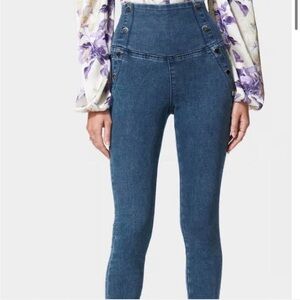 BEBE HIGH WAISTED BUTTON DETAIL SKINNY JEANS in antique indigo wash